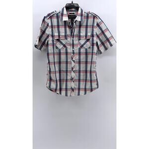 AMERICAN RAG Men's White-Multi Checkered Button-Up Short Sleeve Shirt SZ S
